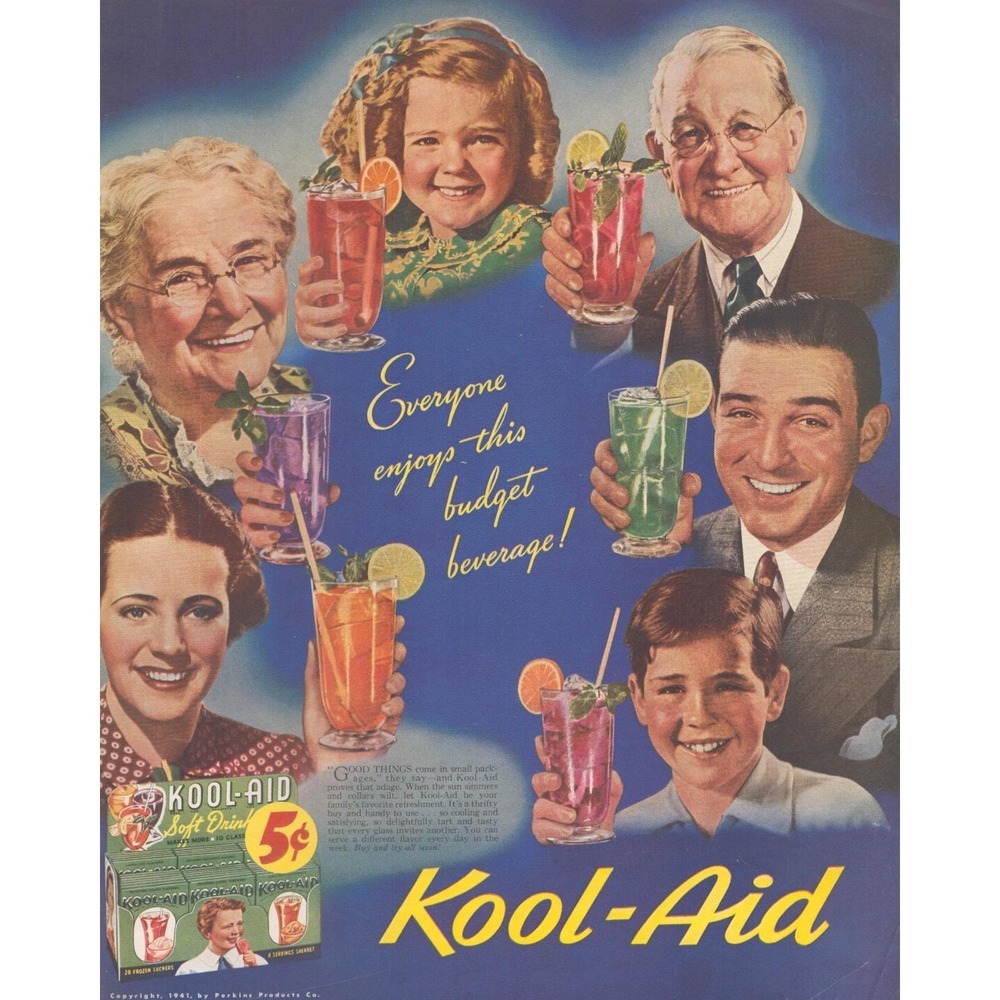 Vintage 1941 Kool-Aid Print Ad 5 Cent Soft Drink WWII Era Family Decor